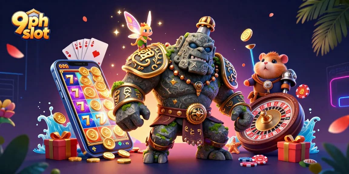 Embrace excitement with 9ph slot showcasing vibrant characters in a colorful, animated casino scene.