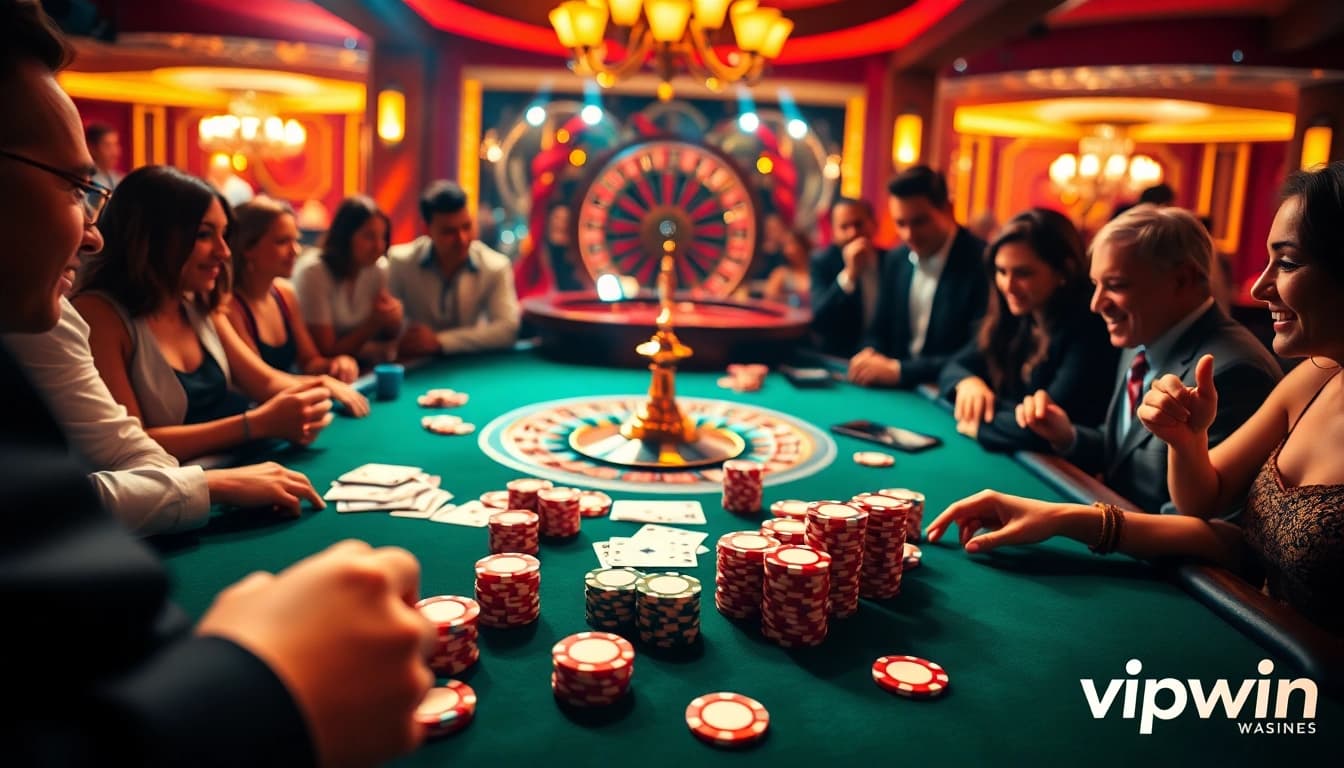 Experience thrilling poker gameplay at vipwin, showcasing vibrant chips and cards on an elegant casino table.