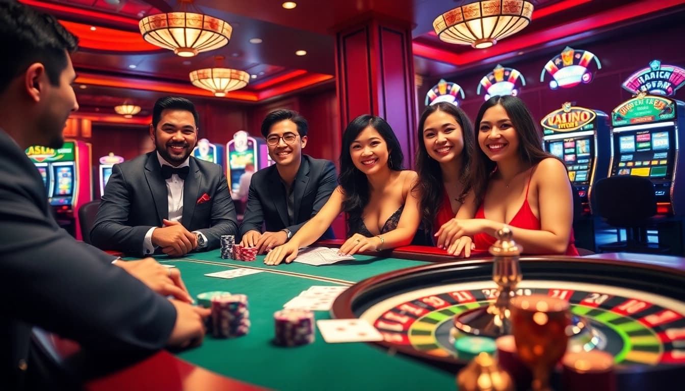 Experience the thrill of Jun88 casino with players engaged at a luxurious poker table and slot machines.