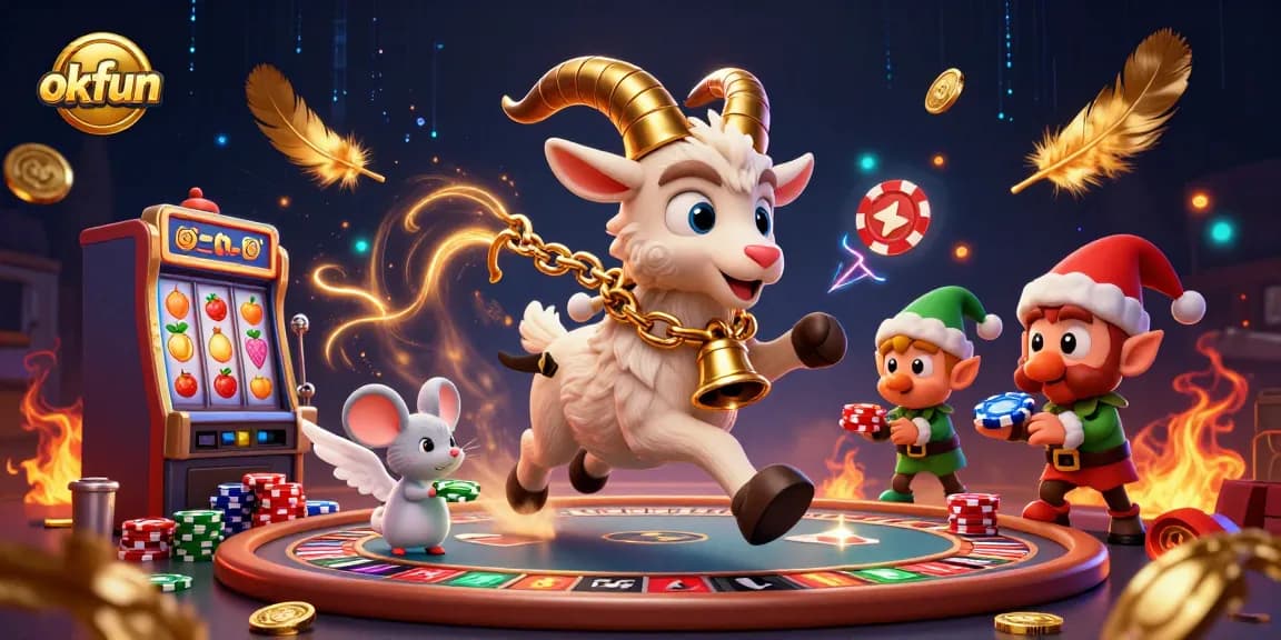 Experience thrilling gameplay with okfun's lively casino scene featuring Krampus, angel mouse, and mischievous gremlins.