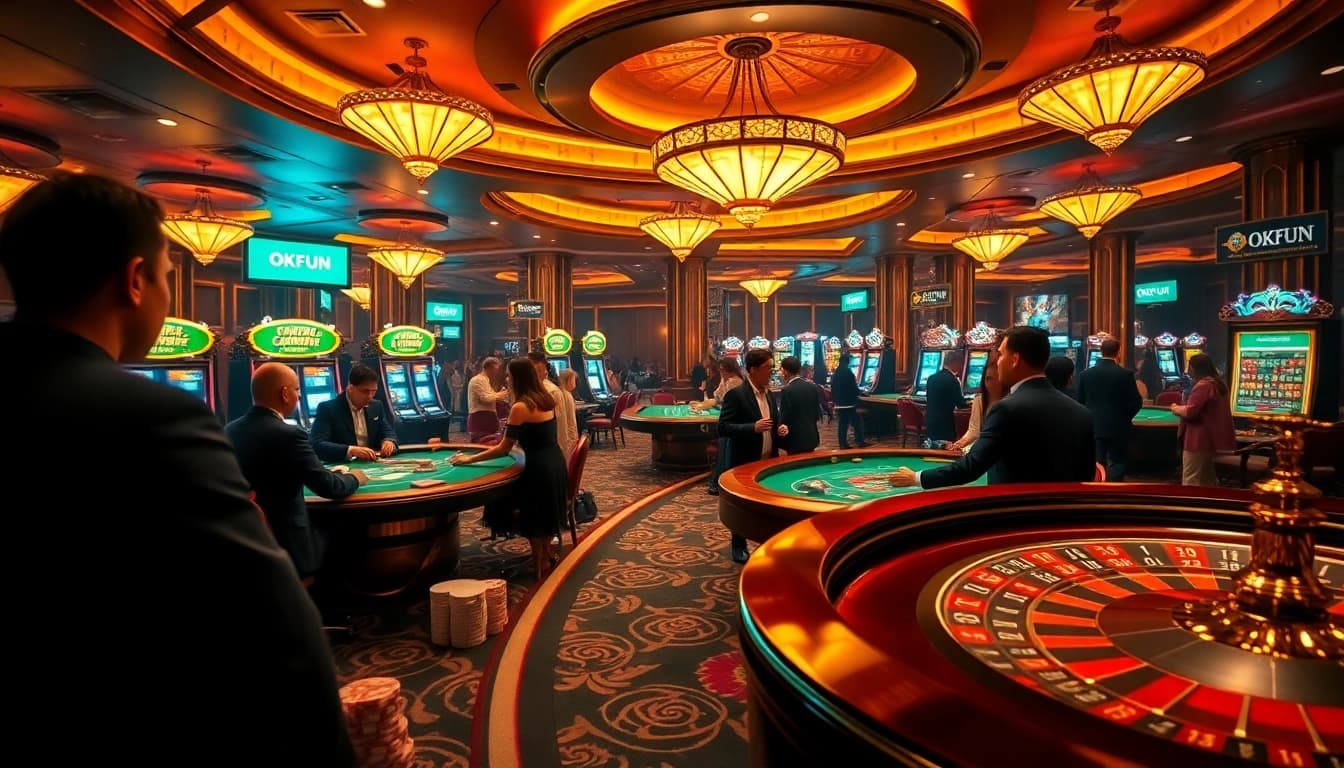 Experience the excitement of playing at OKFUN casino with vibrant gaming elements and luxurious atmosphere.
