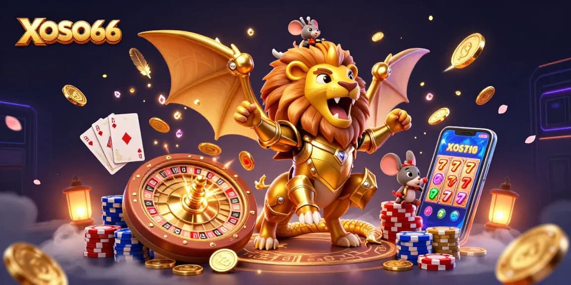 XOSO66 showcases a triumphant chimera and mouse jockey amidst dazzling casino elements like coins, cards, and jackpots.