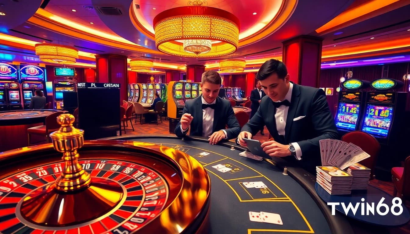 Experience thrilling gameplay at Twin68 with vibrant casino tables and exciting gambling action.