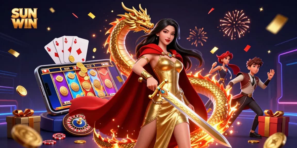 Play exciting slot games with SUN WIN in a vibrant casino illustration featuring golden treasures.