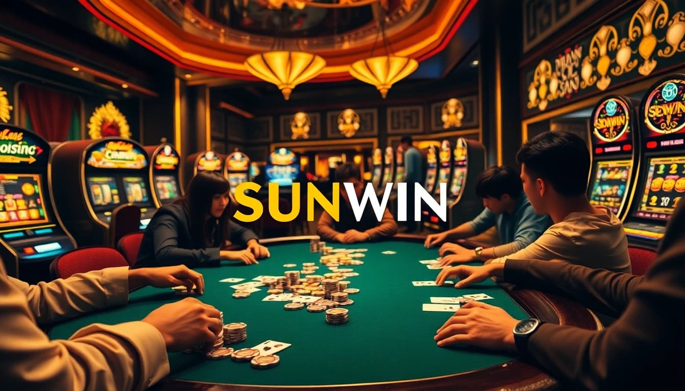 Experience the thrill of SUNWIN as players engage in an exciting poker game at a luxurious casino table.