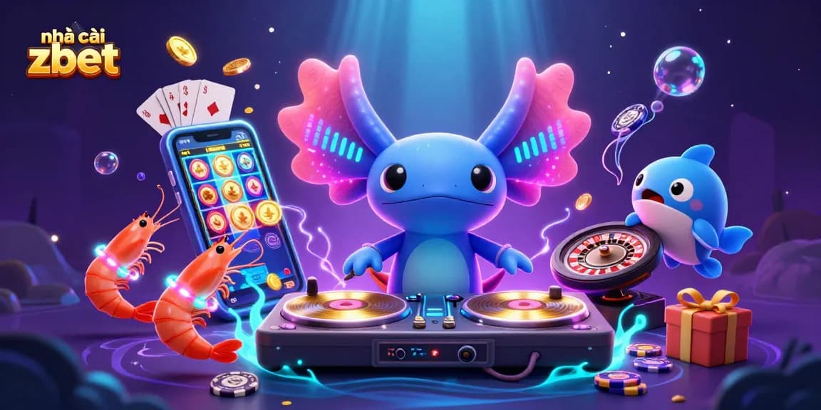 Engage with nhà cái zbet through a vibrant underwater casino scene featuring a DJ axolotl and gaming excitement.