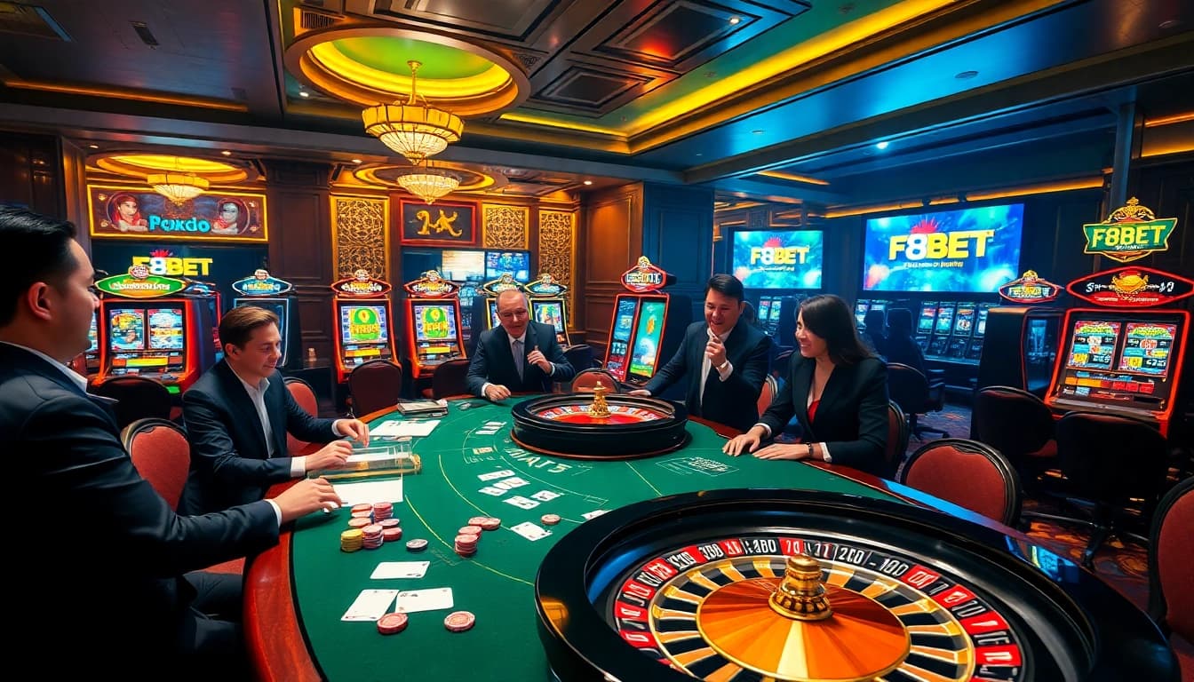 Players enjoying F8BET poker at a luxurious casino table with vibrant atmosphere
