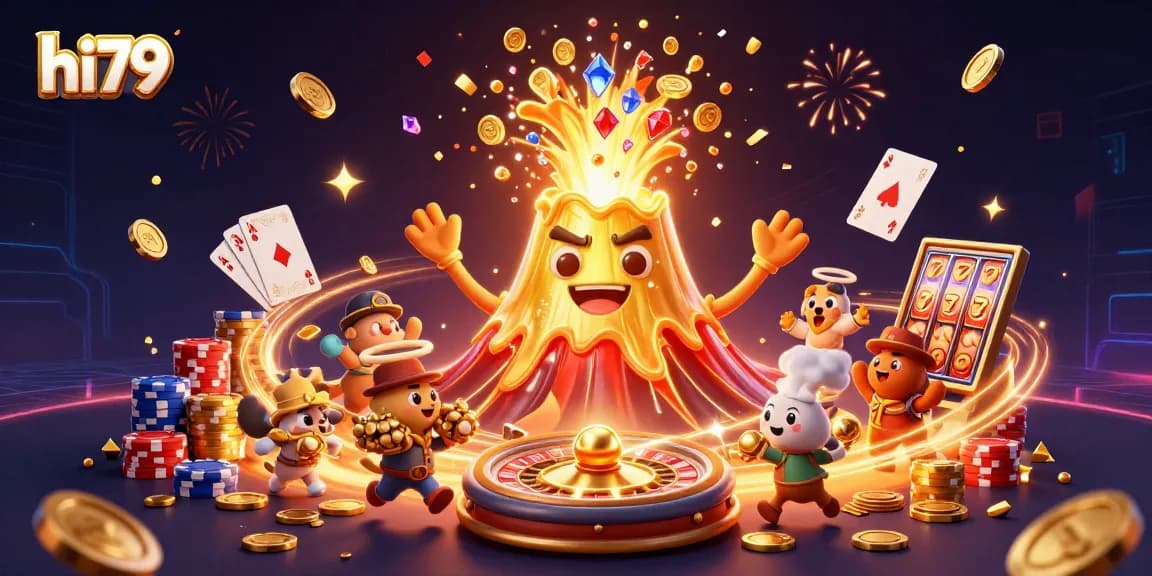 Experience the thrill of hi79 with a golden volcano eruption showering coins and gems.