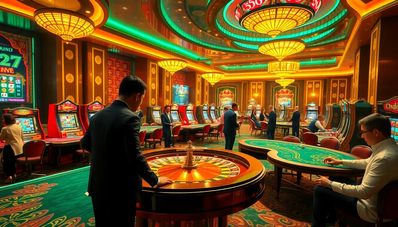 Experience the thrilling atmosphere of Mocbai's luxurious casino, with players enjoying exciting games and vibrant roulette action.