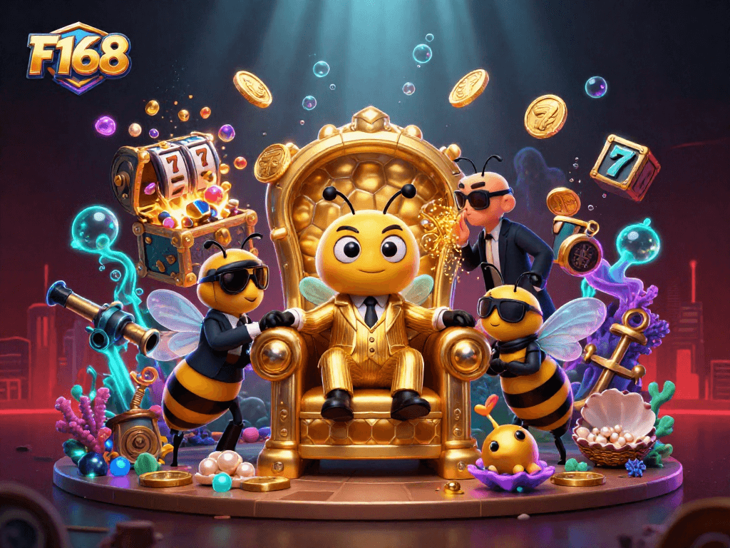Win big with F168 slots and games in this vibrant 3D casino scene featuring a bumblebee mob boss.