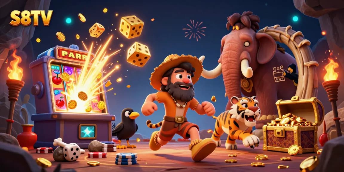 S8TV promotes thrilling casino excitement with dynamic characters in a vibrant scene.