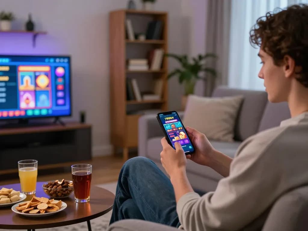 Player engaging with the 789bet mobile app in a cozy home setting while enjoying snacks.