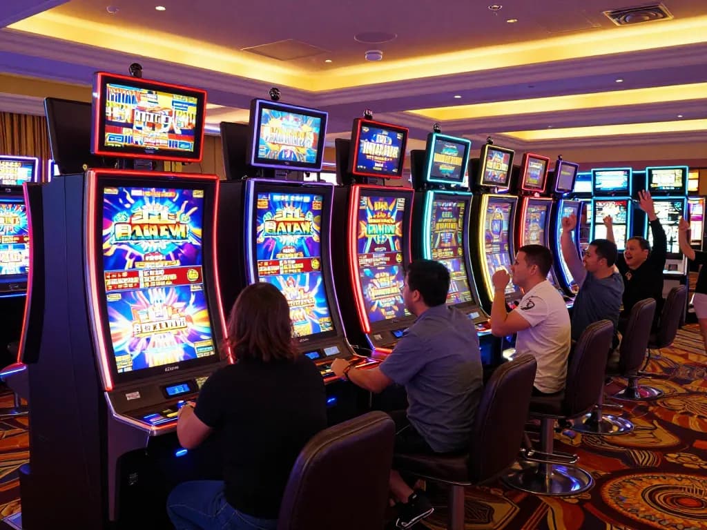 Players enjoying vibrant slot games at https://tx88.rent/ with cheering friends in a lively atmosphere