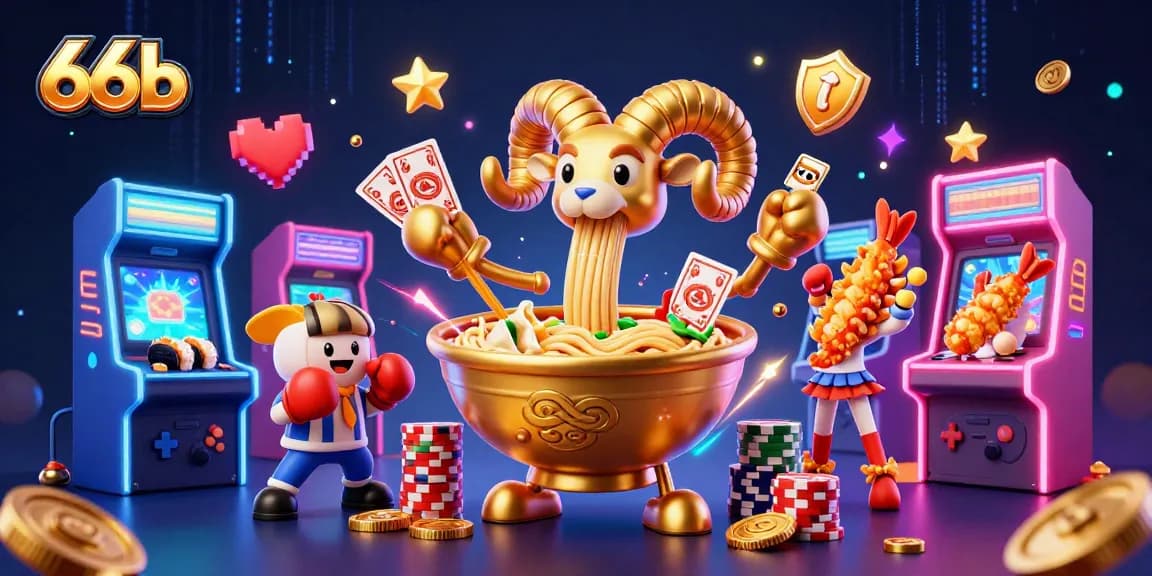Experience thrilling gameplay at 66b with a dynamic 3D casino themed illustration showcasing vibrant game elements.