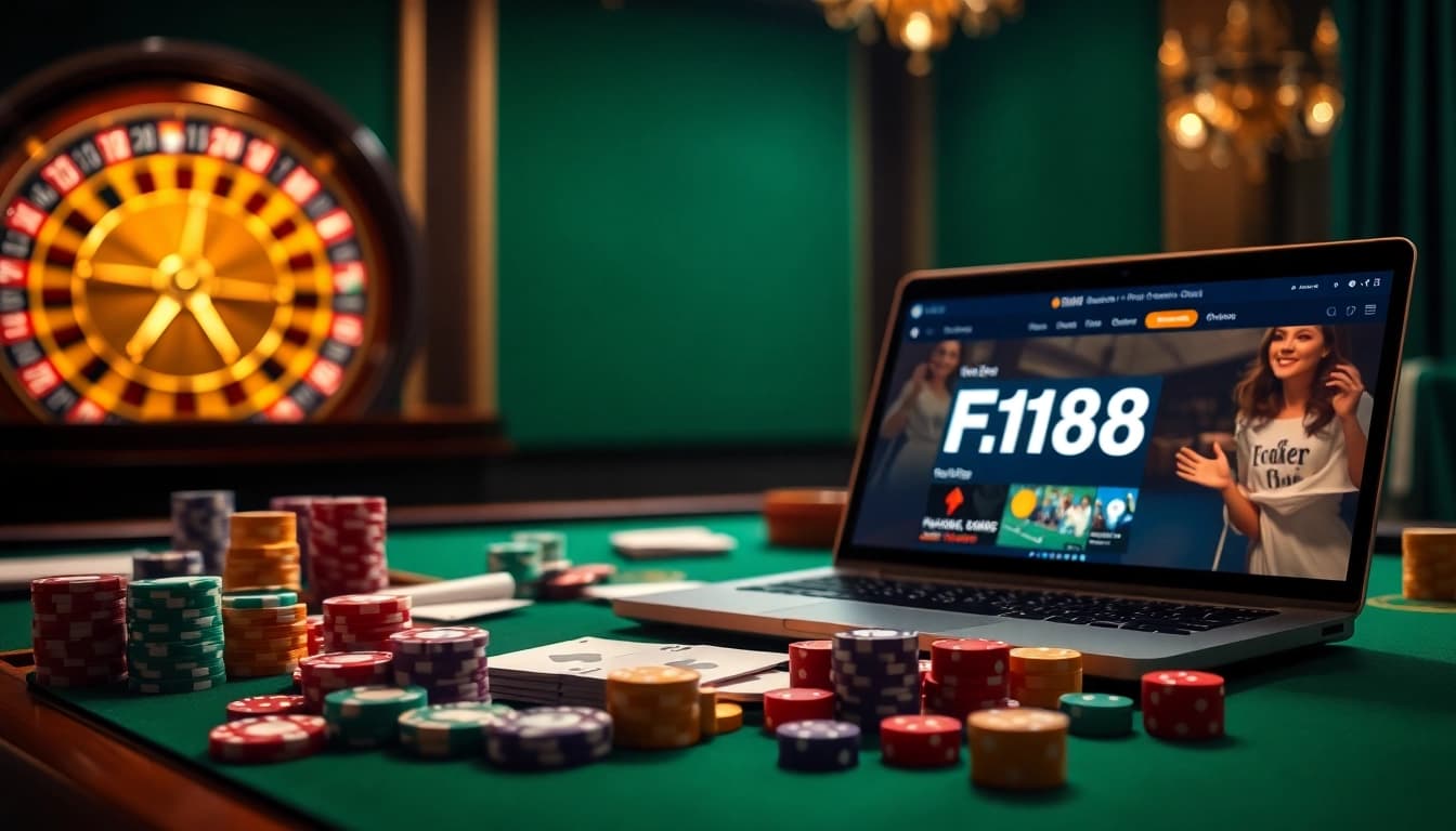 Experience the thrill of games at https://f168biz.com/ with vibrant poker chips and an elegant casino table.