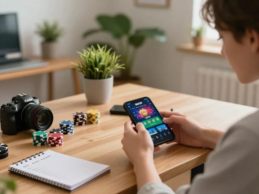 Player enjoying Bay789 casino app at home, focused on online gaming strategies amidst a cozy atmosphere.