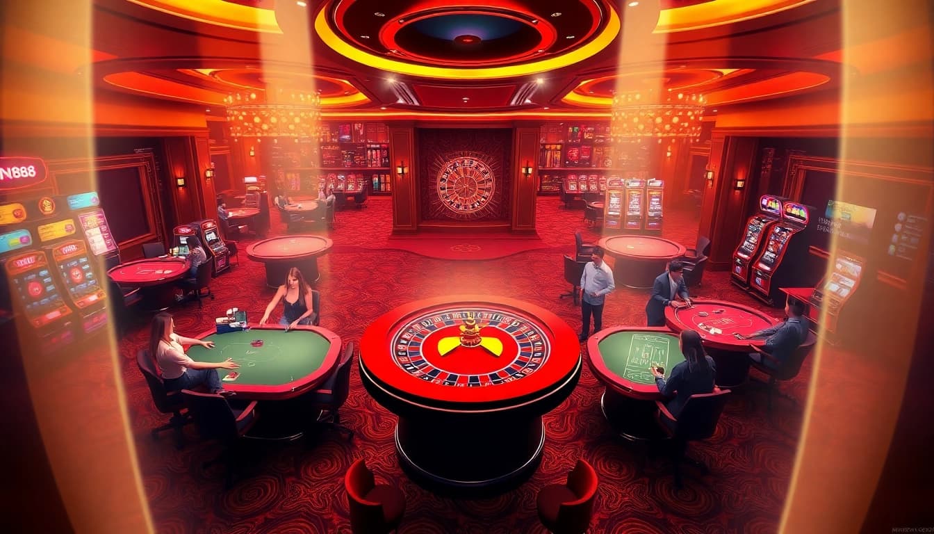 Experience excitement at NK88's casino with vibrant poker games and roulette action.