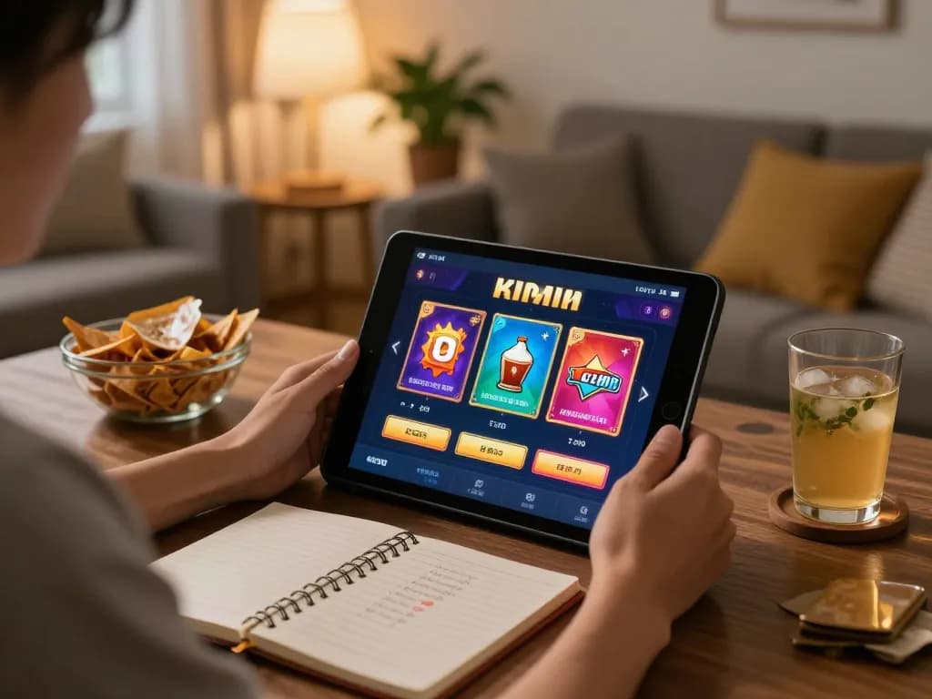 Enjoying online gaming on LC88 vin app in a cozy home setting with snacks and strategy notes.