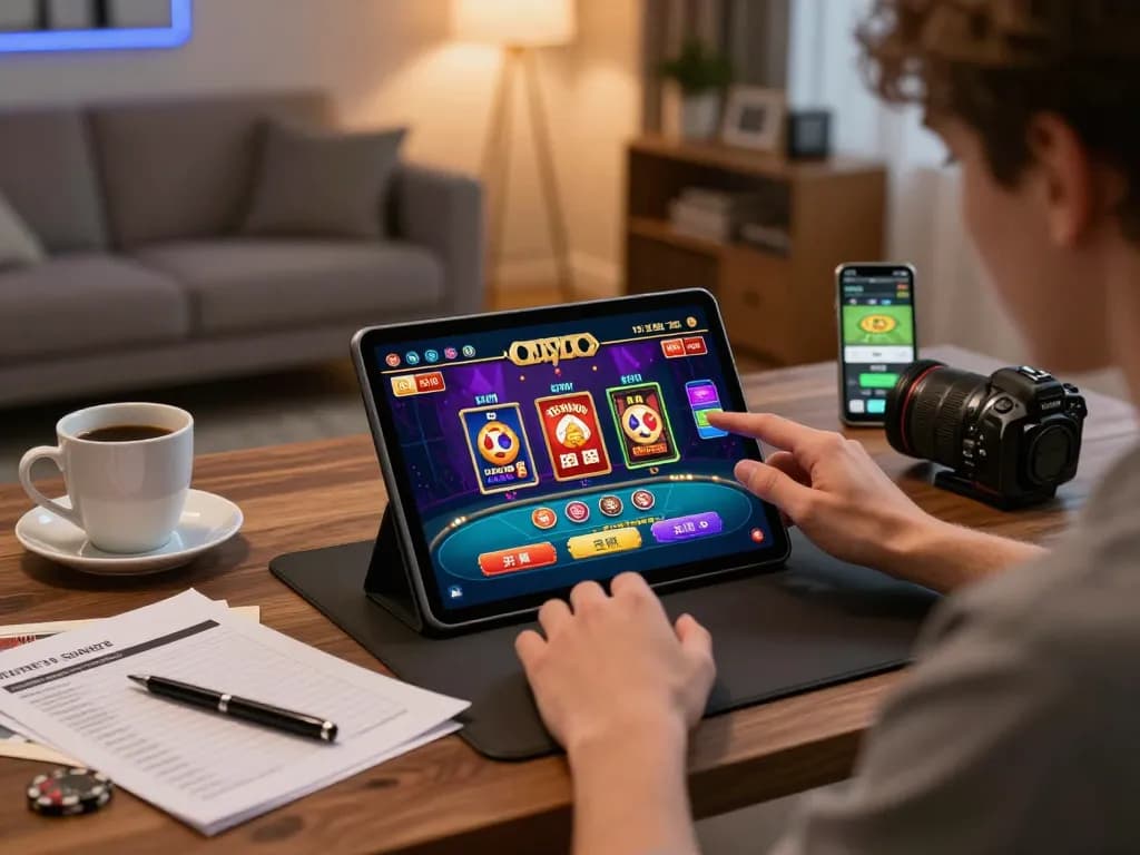 Player engages with zbett online casino app on tablet, showcasing gameplay in a cozy home setting.