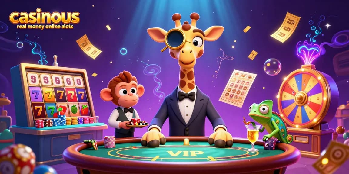 Experience excitement with casinous real money online slots under a colorful, vibrant casino scene.