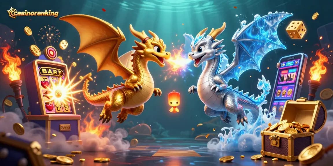 Experience thrilling gameplay at casinoranking with a gold and silver dragon battling in a vibrant casino scene.