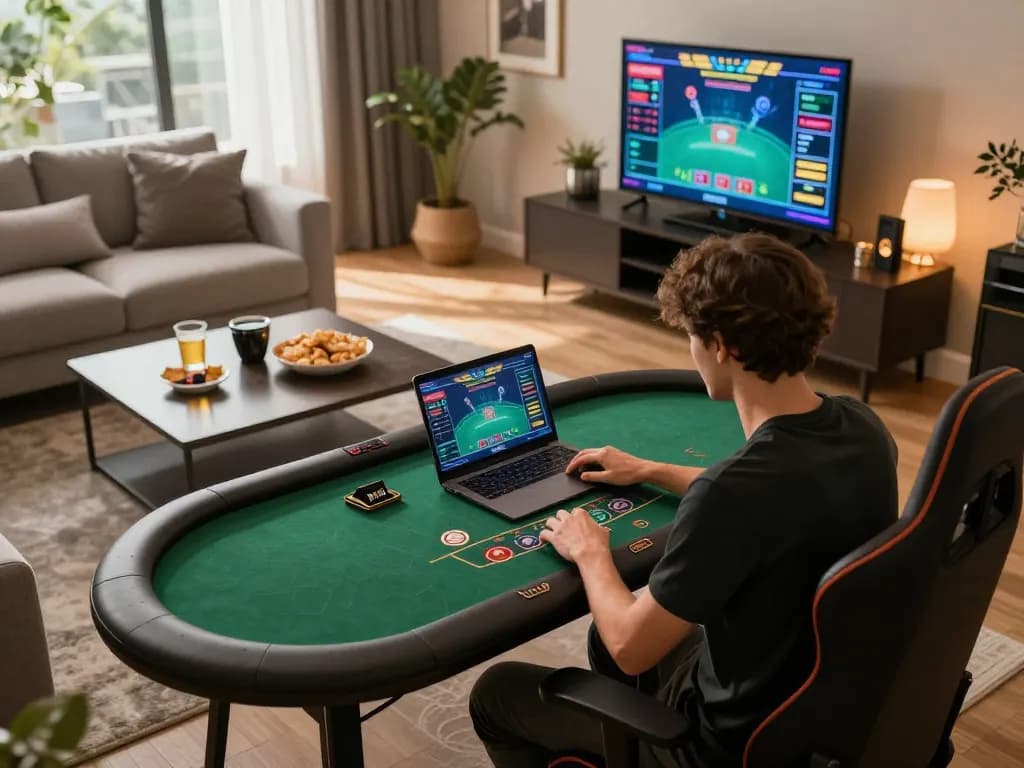 Người chơi LUCK8 đang lập chiến lược trong một trò chơi blackjack trực tuyến tại một không gian phòng khách ấm cúng.