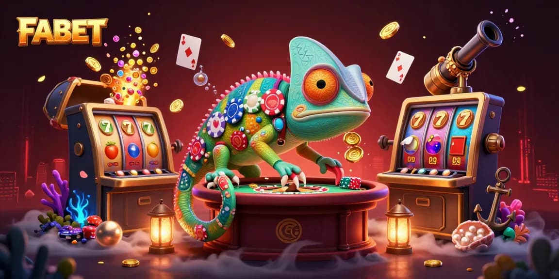 Experience vibrant gaming action at FABET with colorful slots and gold coins bursting from treasure chests.