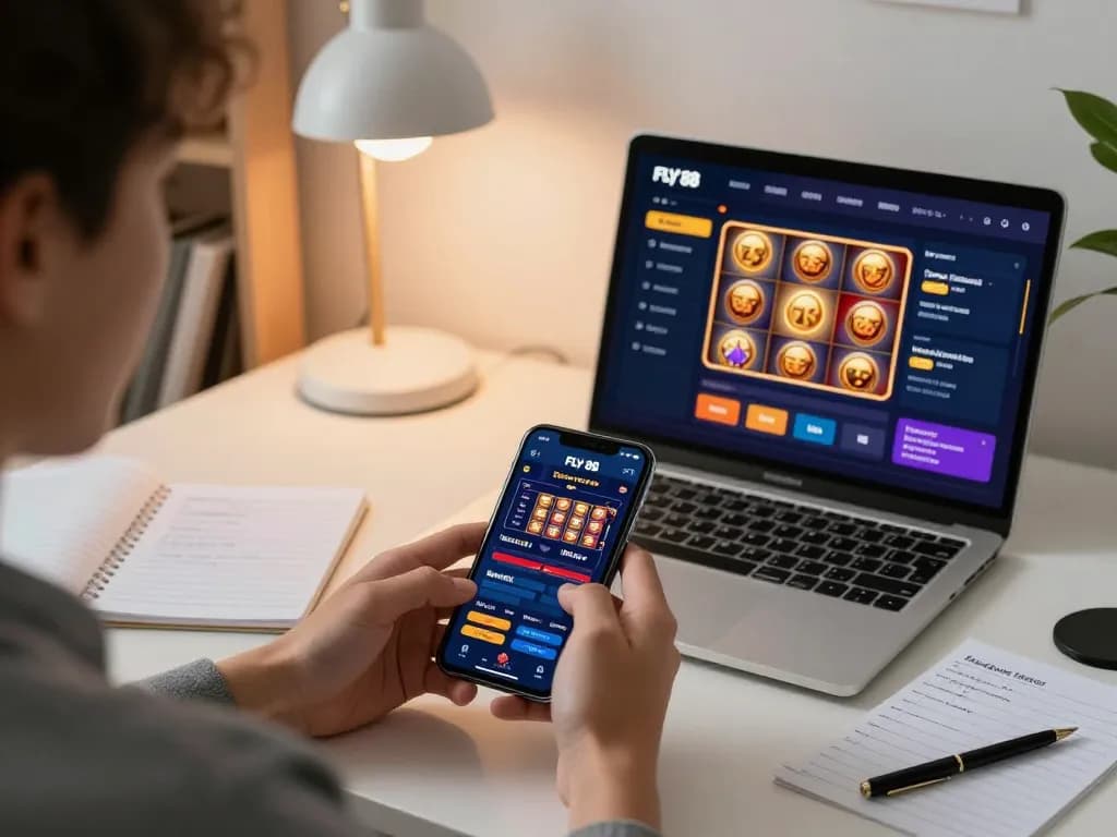 Player enjoying FLY 88 on a smartphone in a modern home office with engaging game interface