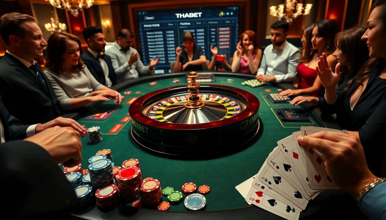 Exciting casino scene with players at a THABET roulette table, showcasing vibrant betting chips.