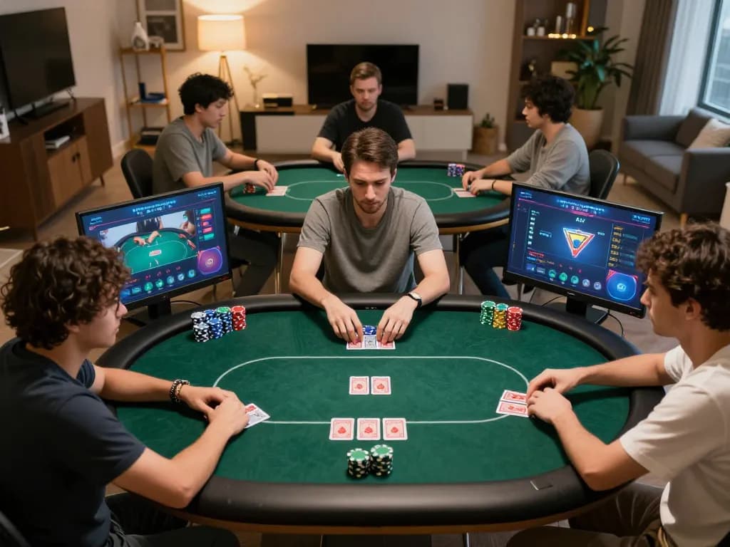 FLY88 players engaging in strategic online poker gameplay from their cozy homes with modern decor