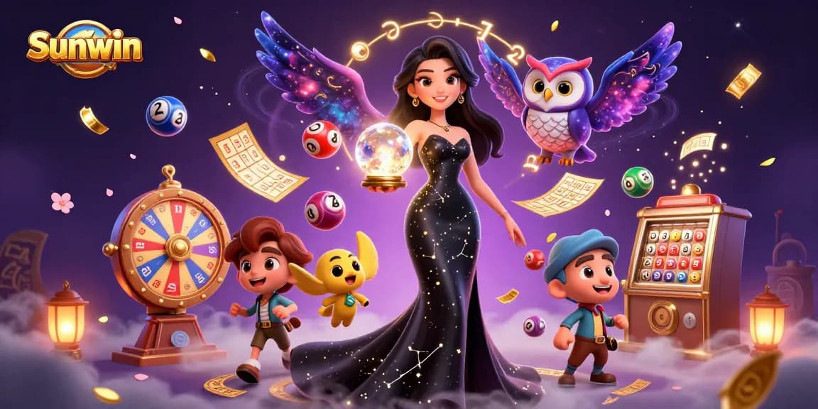 Experience the thrill of Sunwin with vibrant lottery balls and casino excitement surrounding a mystical woman.