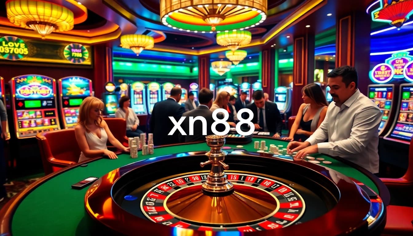 Experience the excitement of xn88 with engaging casino scenes featuring roulette and vibrant slot machines.