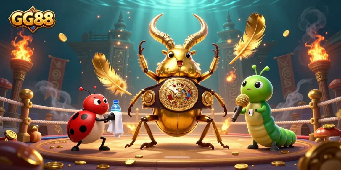 Engage in thrilling gameplay at GG88 with a dynamic casino illustration featuring a golden stag beetle champion.