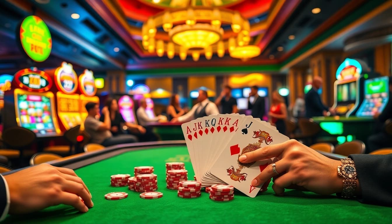 Engage in thrilling poker at the s666 casino, showcasing vibrant chips and cards in a luxurious setting.