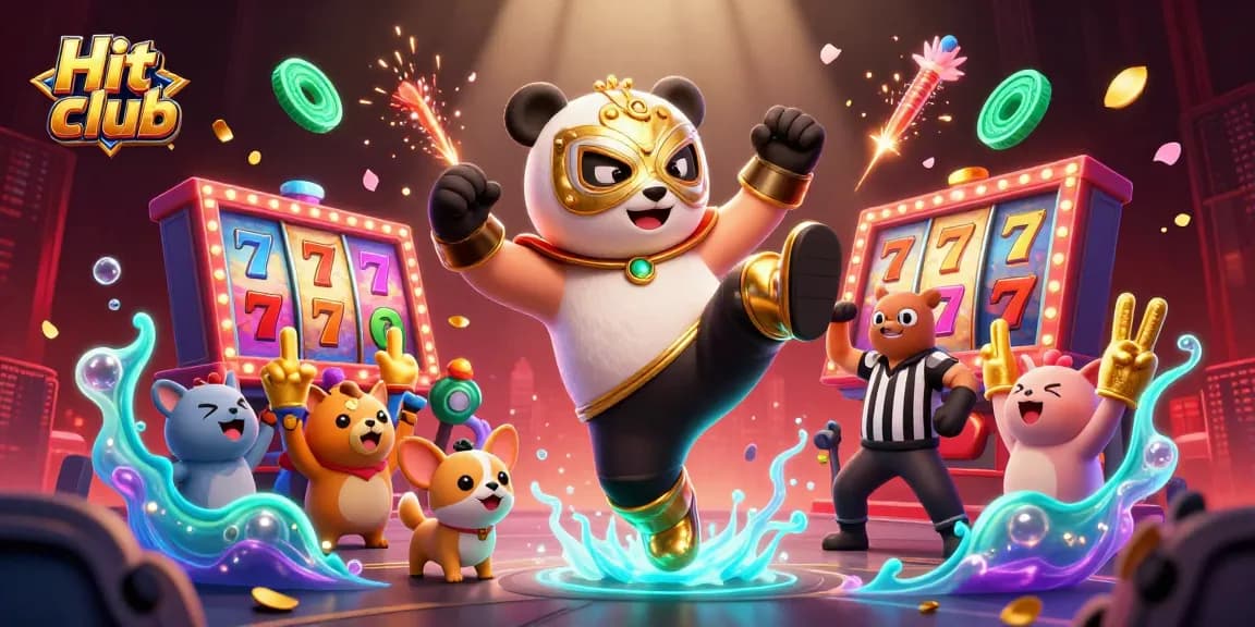 Hit club excitement spins with a panda wrestler kicking amidst vibrant slot games and celebrating fans.