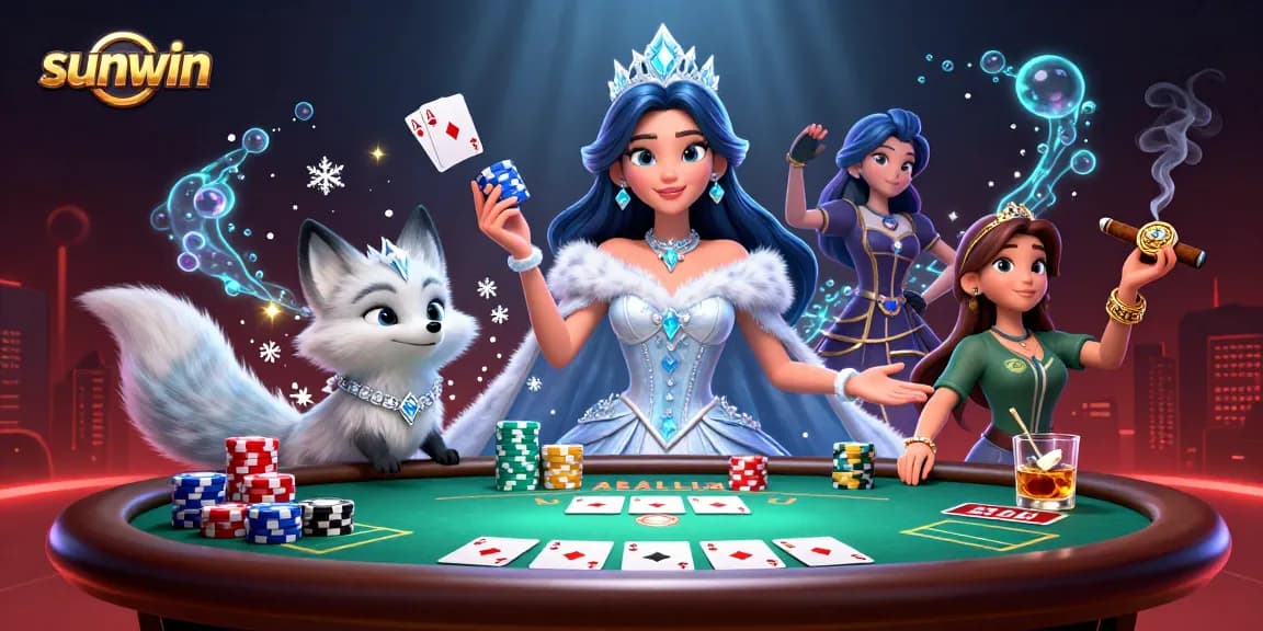 sunwin poker game scene with 3D woman in ice gown and arctic fox sparkling amidst chips