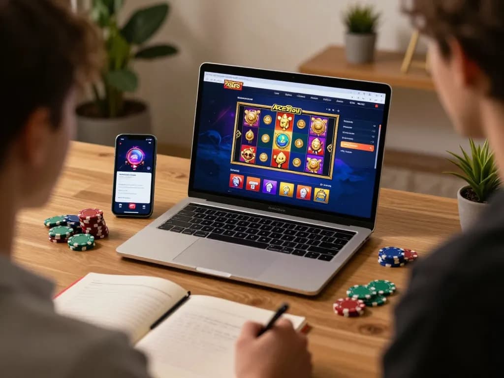 A person enjoying online gaming on Ace96au with vibrant slot games and strategic notes.