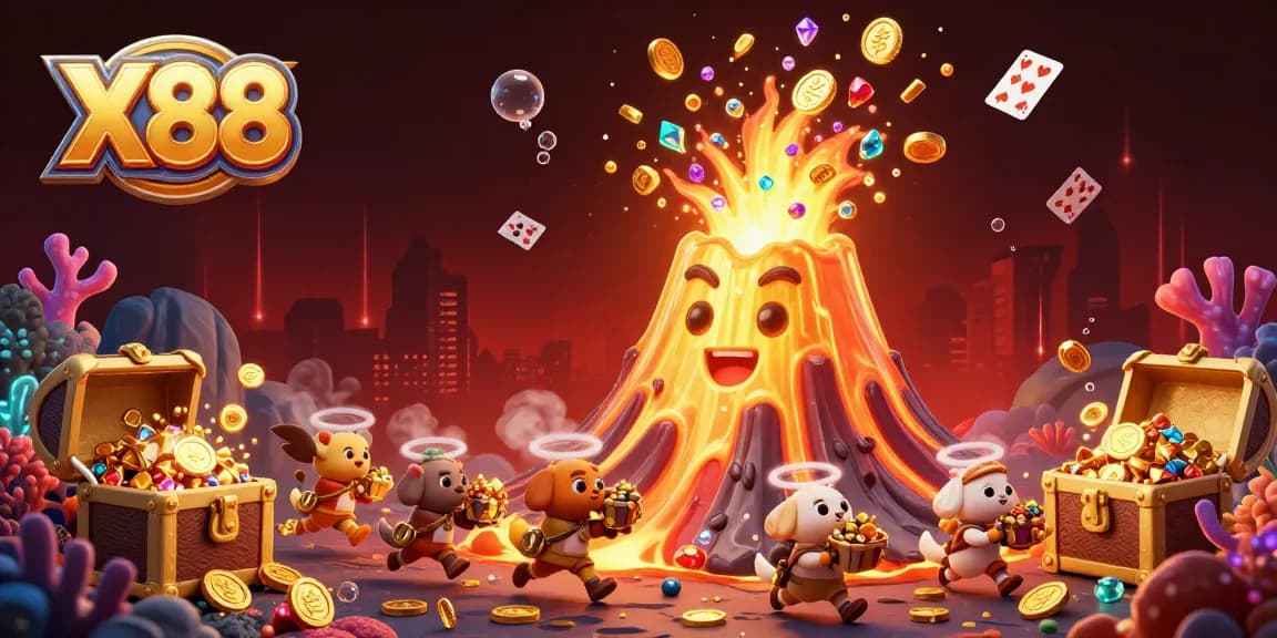 X88 players winning big with golden volcano erupting coins and treasure underwater.