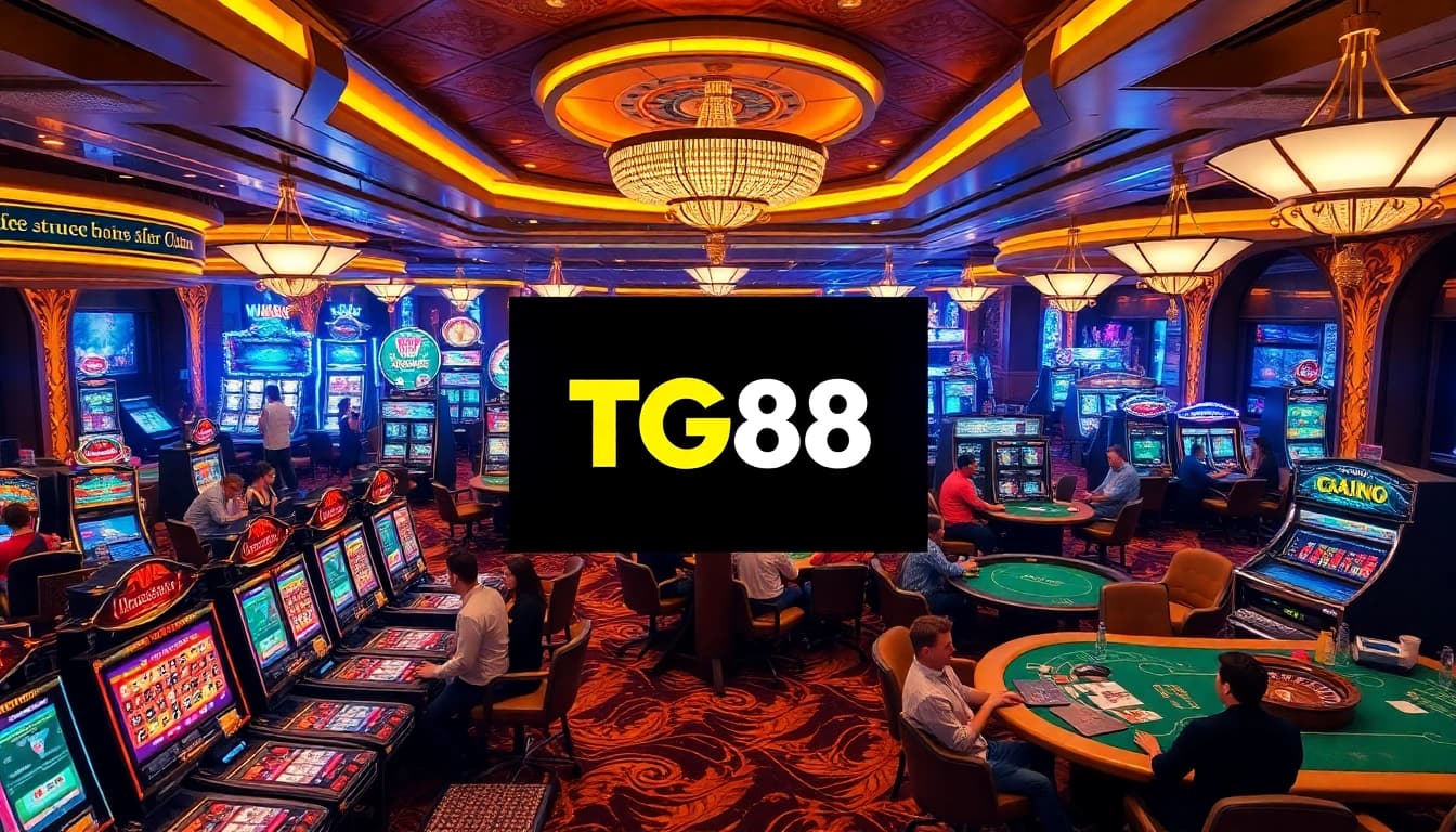 Excited players gambling at TG88 casino, showcasing vibrant slot machines and roulette tables.