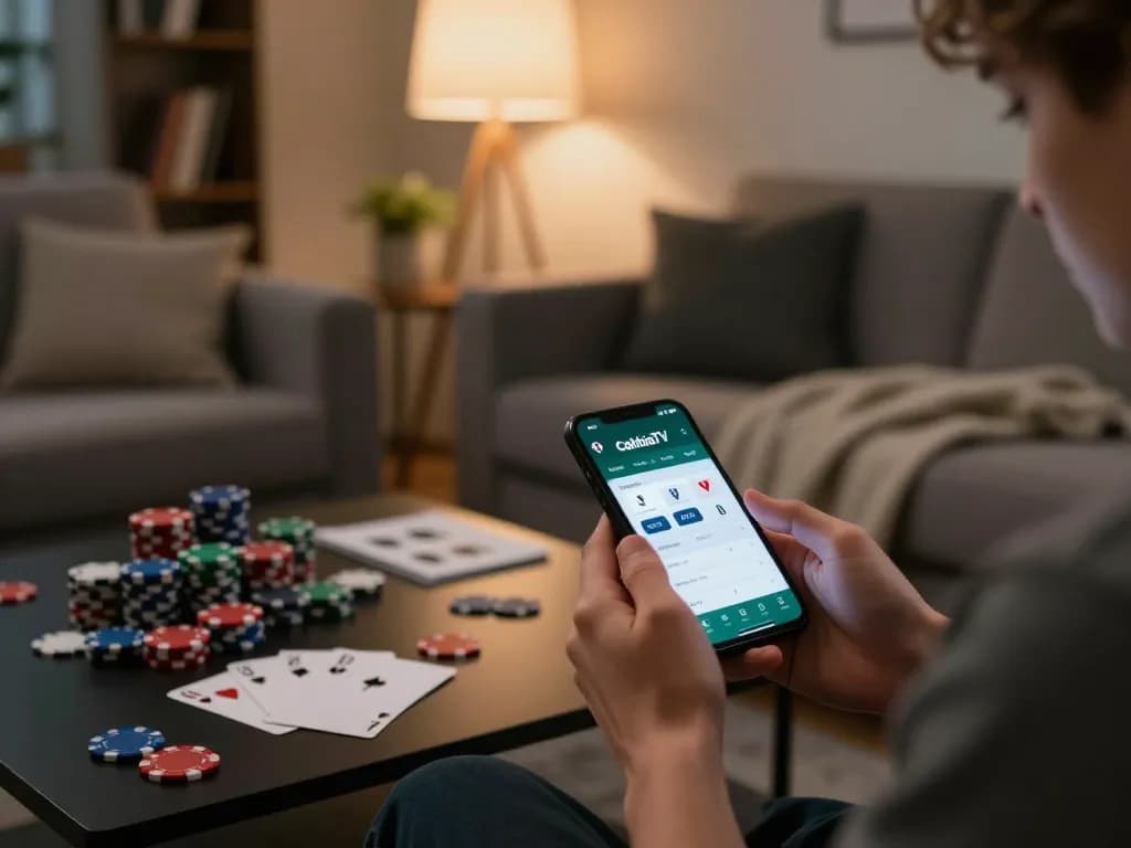 Cakhiatv user engaged in strategic online gaming at home, showcasing a smartphone with the CakhiaTV app.