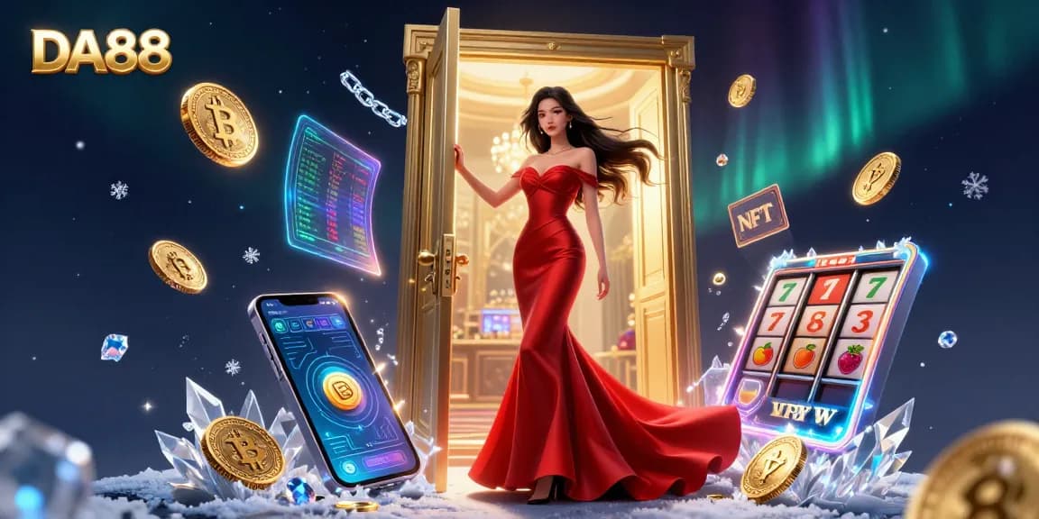 Experience the excitement of DA88 casino with a vibrant 3D illustration showcasing a glamorous Asian woman at a VIP entrance.