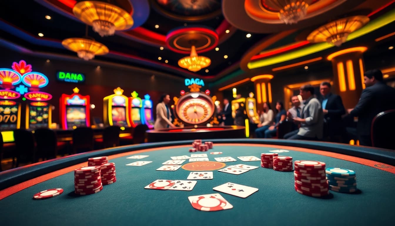 DAGA casino players strategizing around a vibrant poker table with colorful chips and cards.