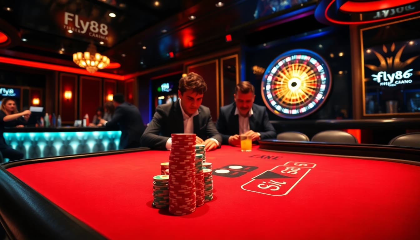 Experience excitement with Fly88 at a luxurious casino poker table filled with chips and glamour.
