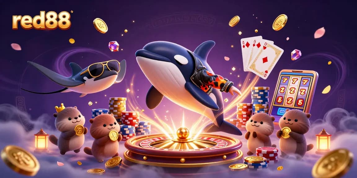 Experience gaming excitement with red88 in this dynamic 3D casino scene featuring vibrant characters and rich casino elements.