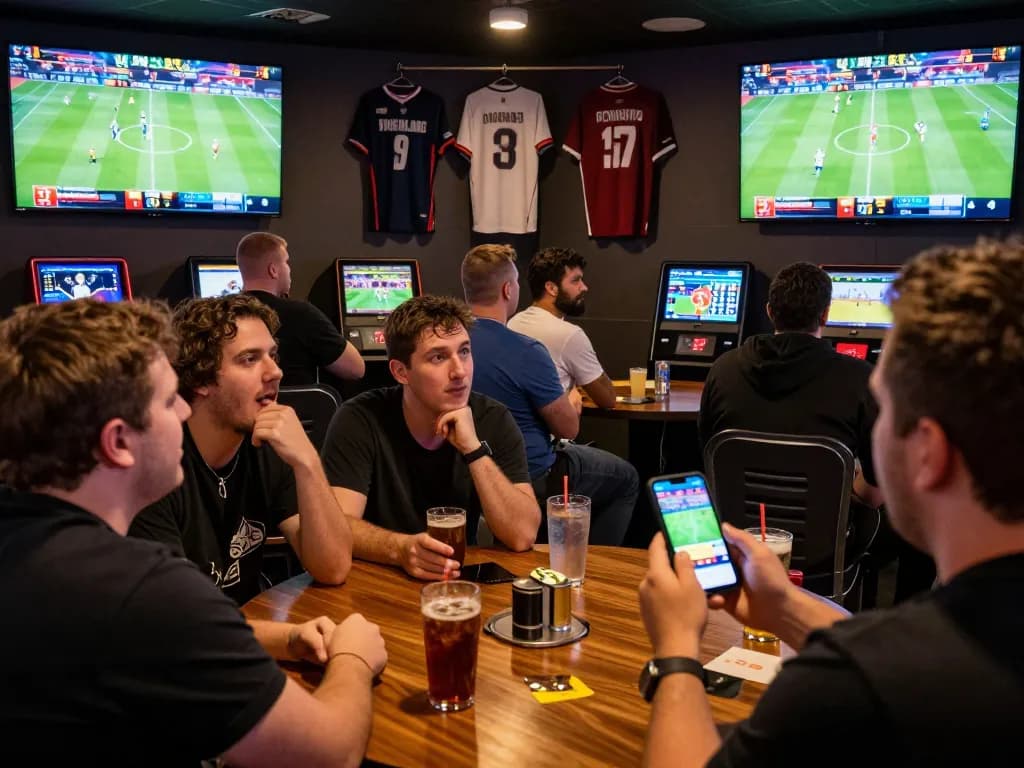 V9BET sports fans placing live bets in a lively betting lounge atmosphere