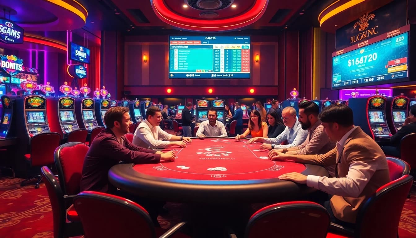 Experience the thrill of winning with luongsontv in a vibrant casino atmosphere featuring poker tables.