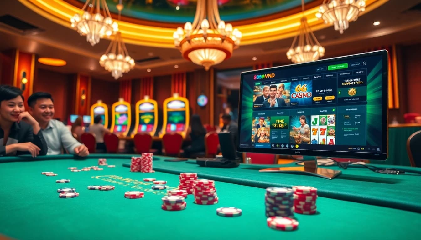 Players enjoying high-stakes poker at 888VND casino with vibrant slot machines in the background.