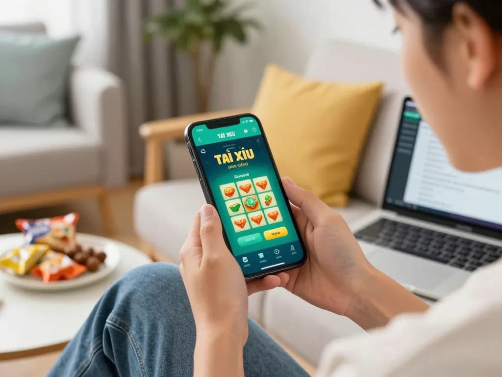 Engaging gameplay on an app tài xỉu online uy tín displayed on smartphone in cozy home environment.