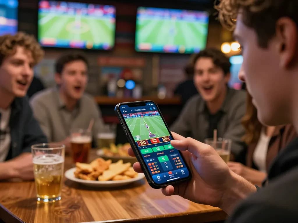 Player placing bets on NK88 mobile app during live sports event at a lively bar.