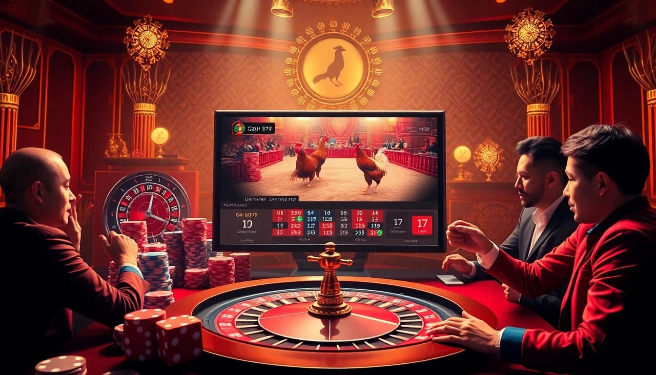Xem đá gà trực tiếp hôm nay with an exciting live betting atmosphere featuring casino elements.